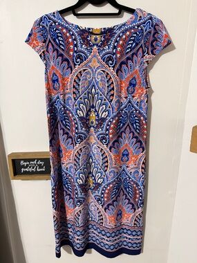 madison leigh Blue and Coral Paisley Midi Dress